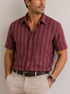 Puritan Men's Burgundy and White Vertical Stripe Shirt